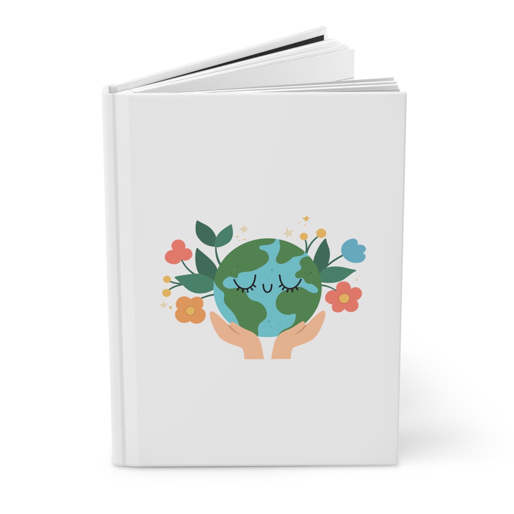 Blooming World Hardcover Journal — Hands Holding a Blooming Earth Notebook
